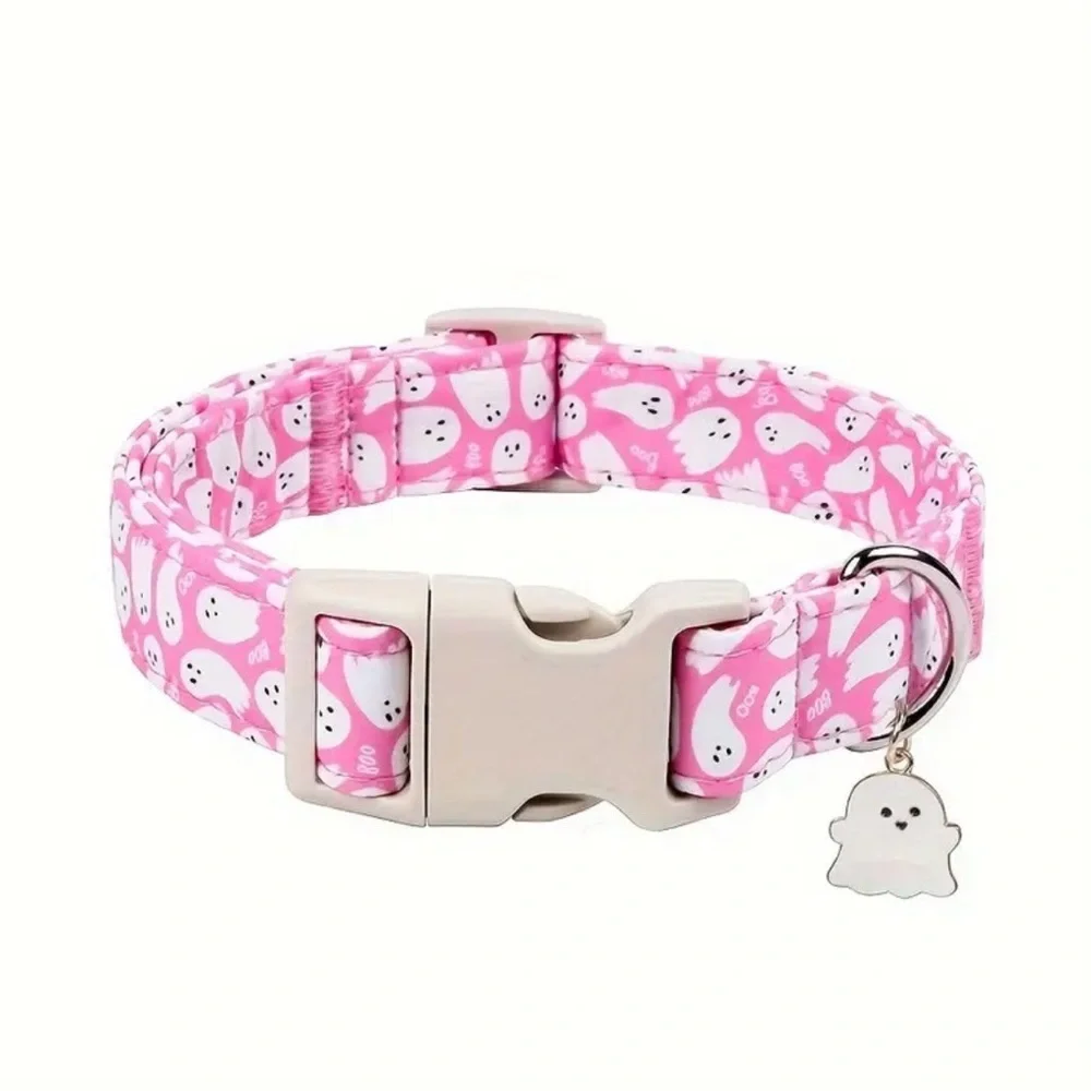 Pink Ghost Pattern Pet Collar with Ghost Charm